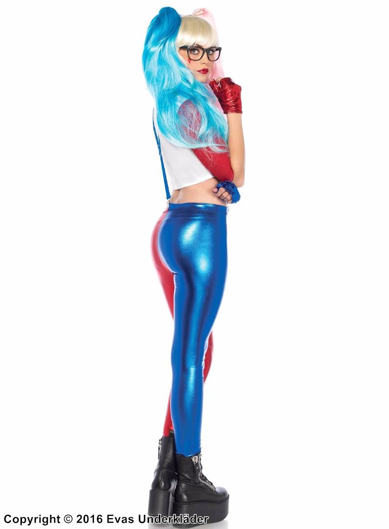 Harley Quinn, maskeraddräkt med topp och leggings, hängslen, röd och blå